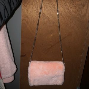 Pink faux fur little across body purse